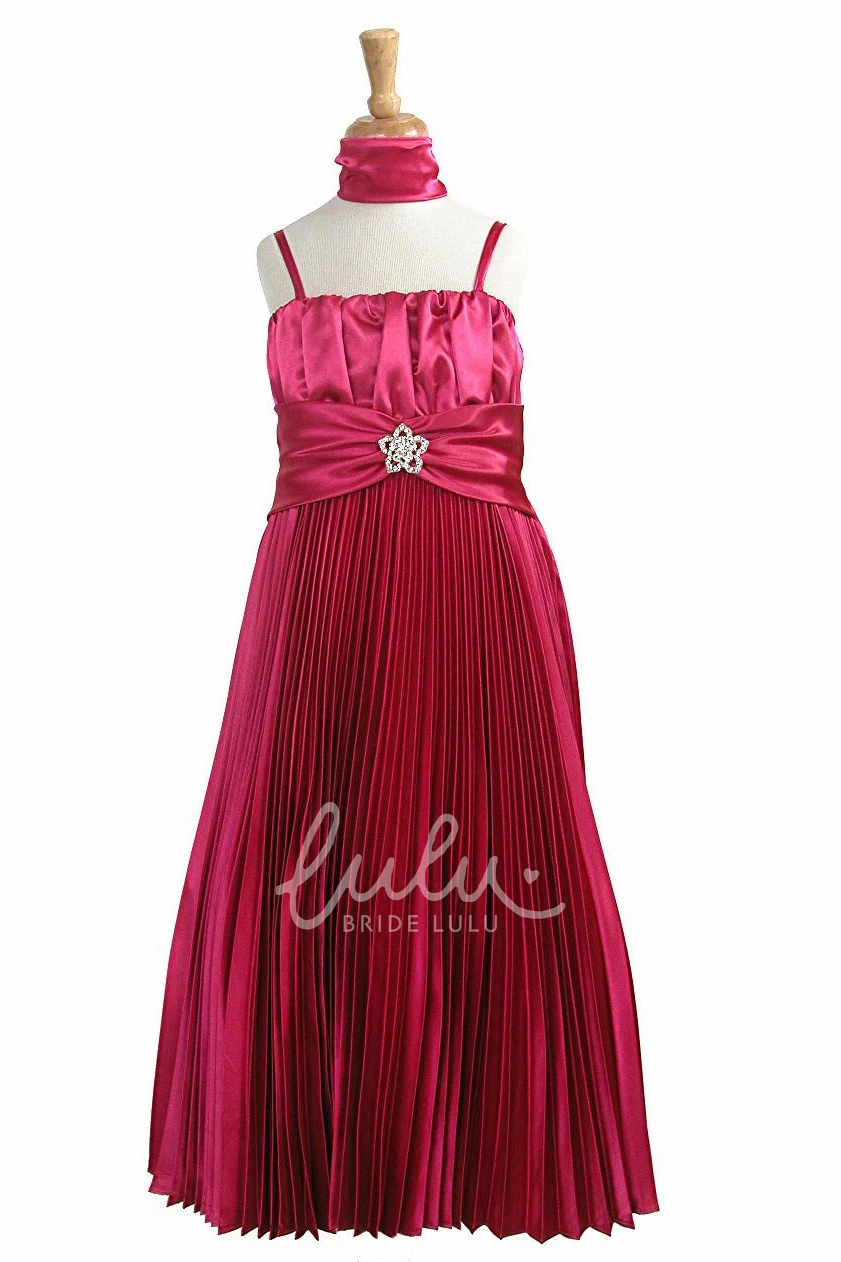 Satin Flower Girl Dress with Broach Floor-Length