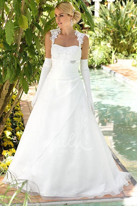 Queen Anne Appliqued Tulle&Satin Wedding Dress with Keyhole A-Line Floor-Length