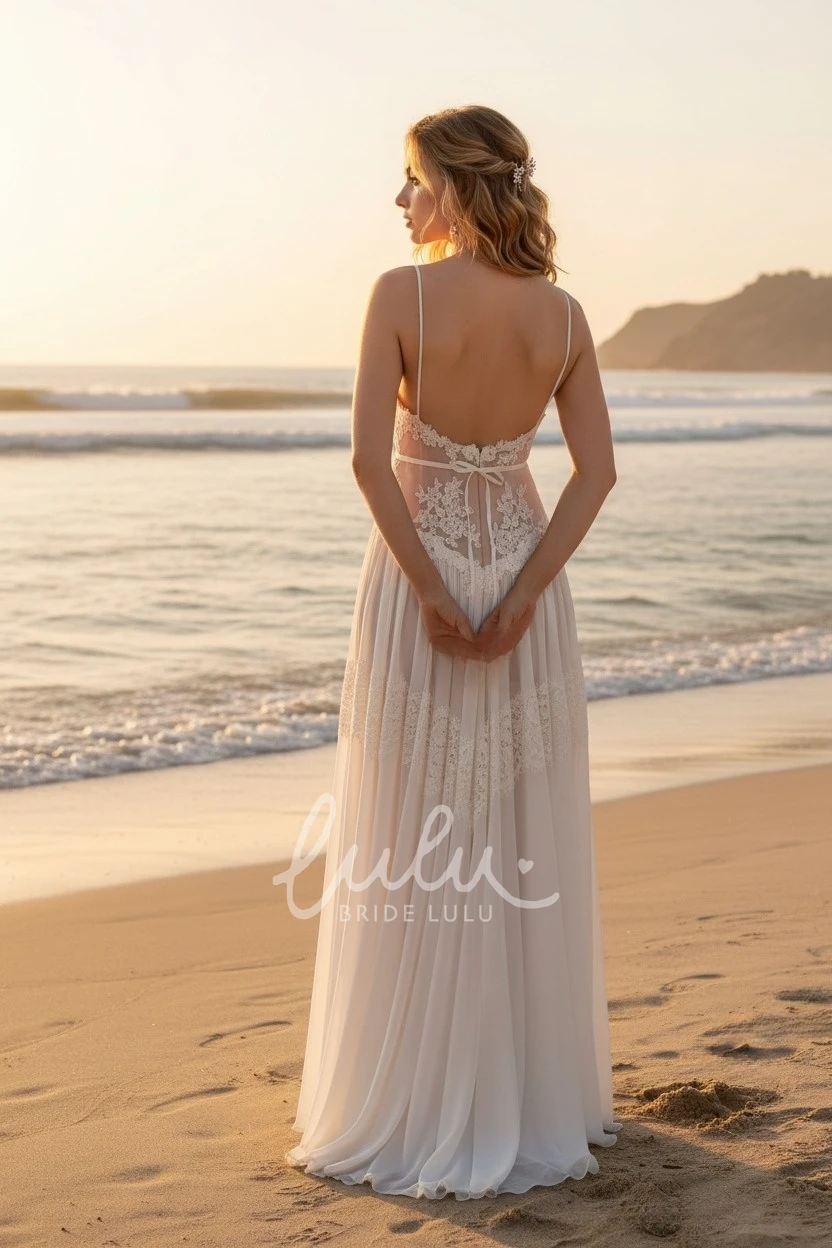 Boho A-Line Sexy Spaghetti V-neck Chiffon Lace Warm Wedding Dress Elegant Floor-length Sleeveless Backless Bridal Gown with Sash