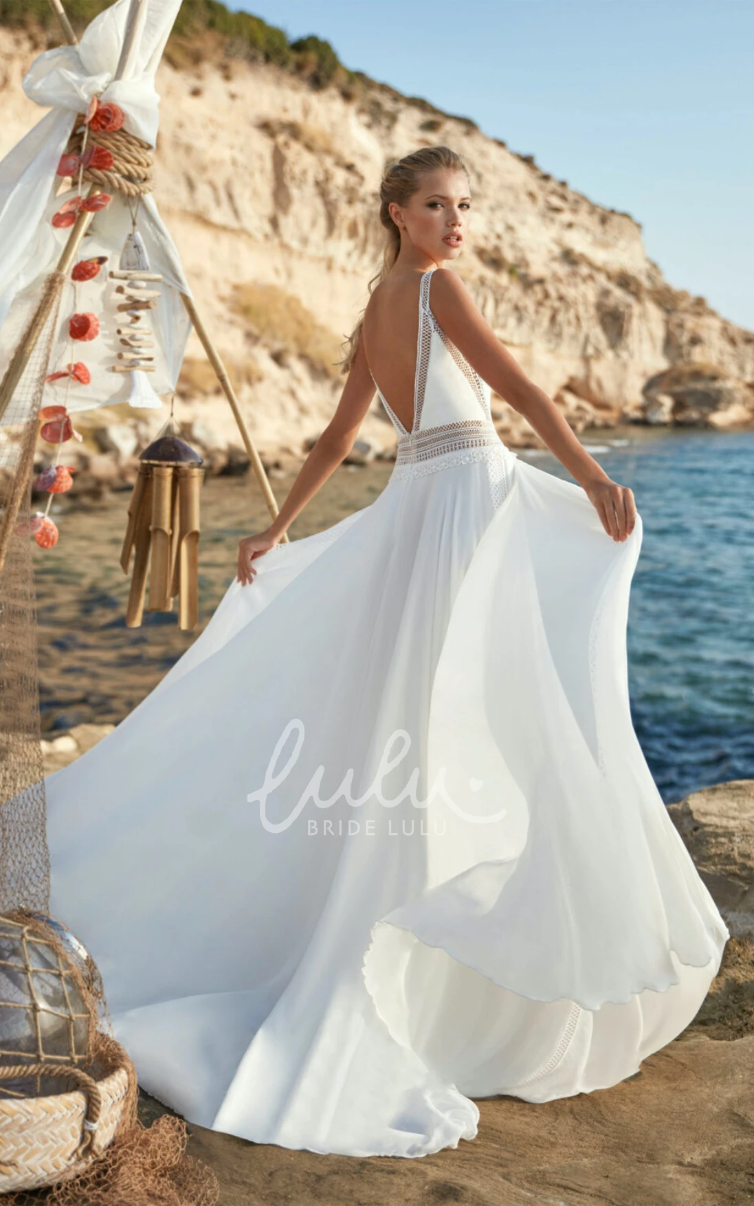 V-neck Chiffon Lace A-Line Wedding Dress with Open Back and Flowers Casual