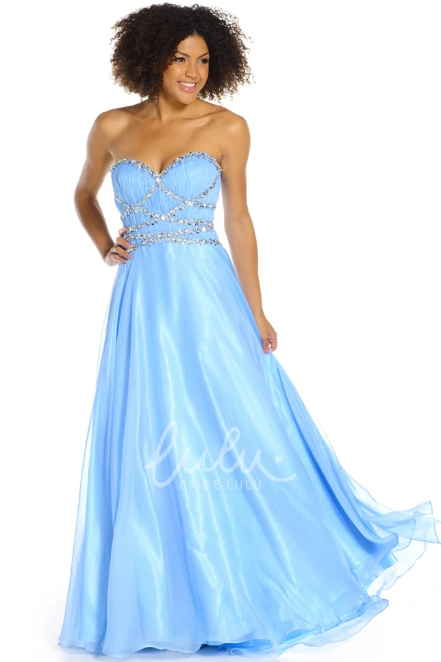 Long Sweetheart A-Line Tulle&Satin Prom Dress Sleeveless and Beaded