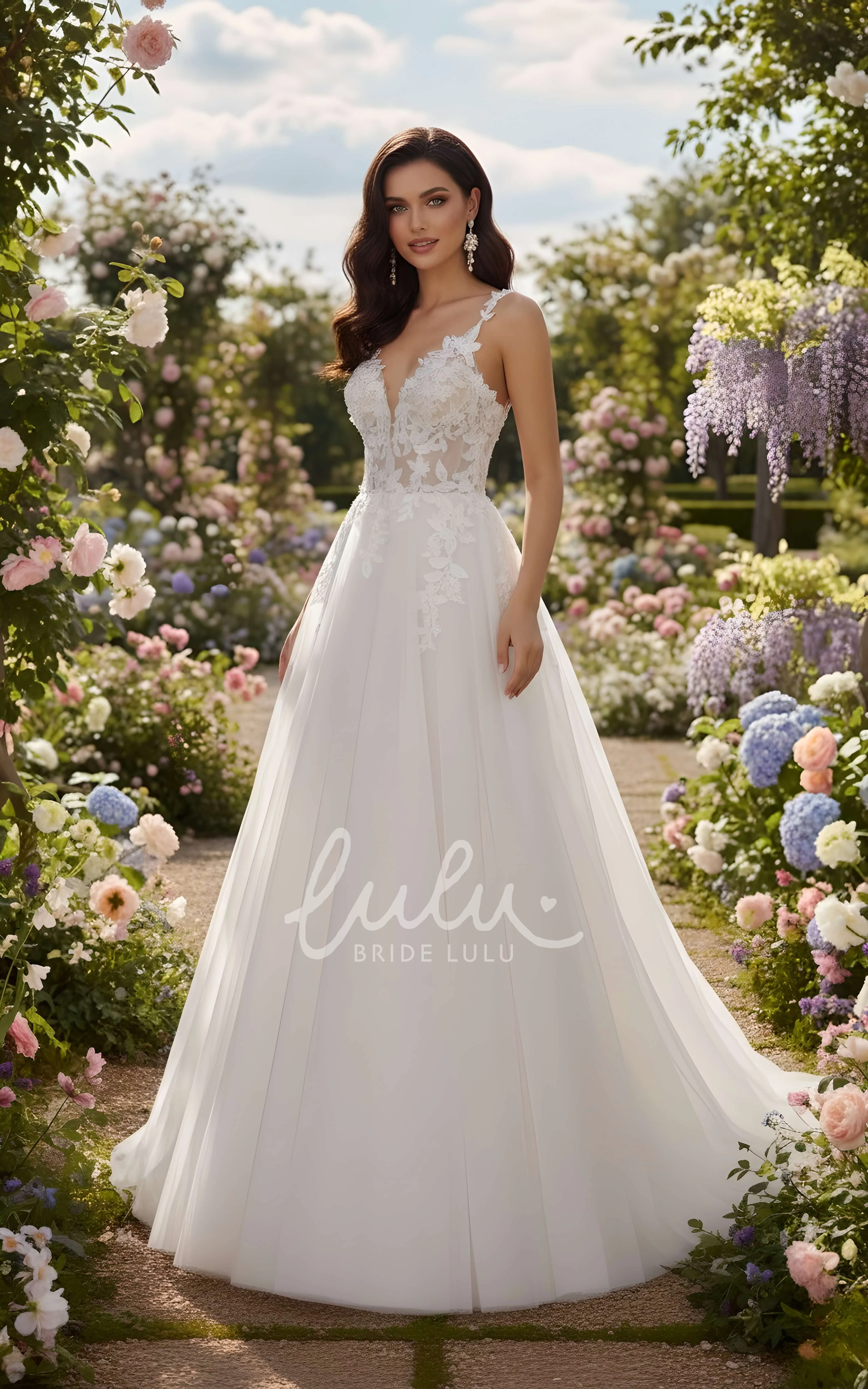 Elegant Floral Lace Spaghetti A-Line Wedding Dress Deep V-Neck Chiffon Garden Bridal Gown