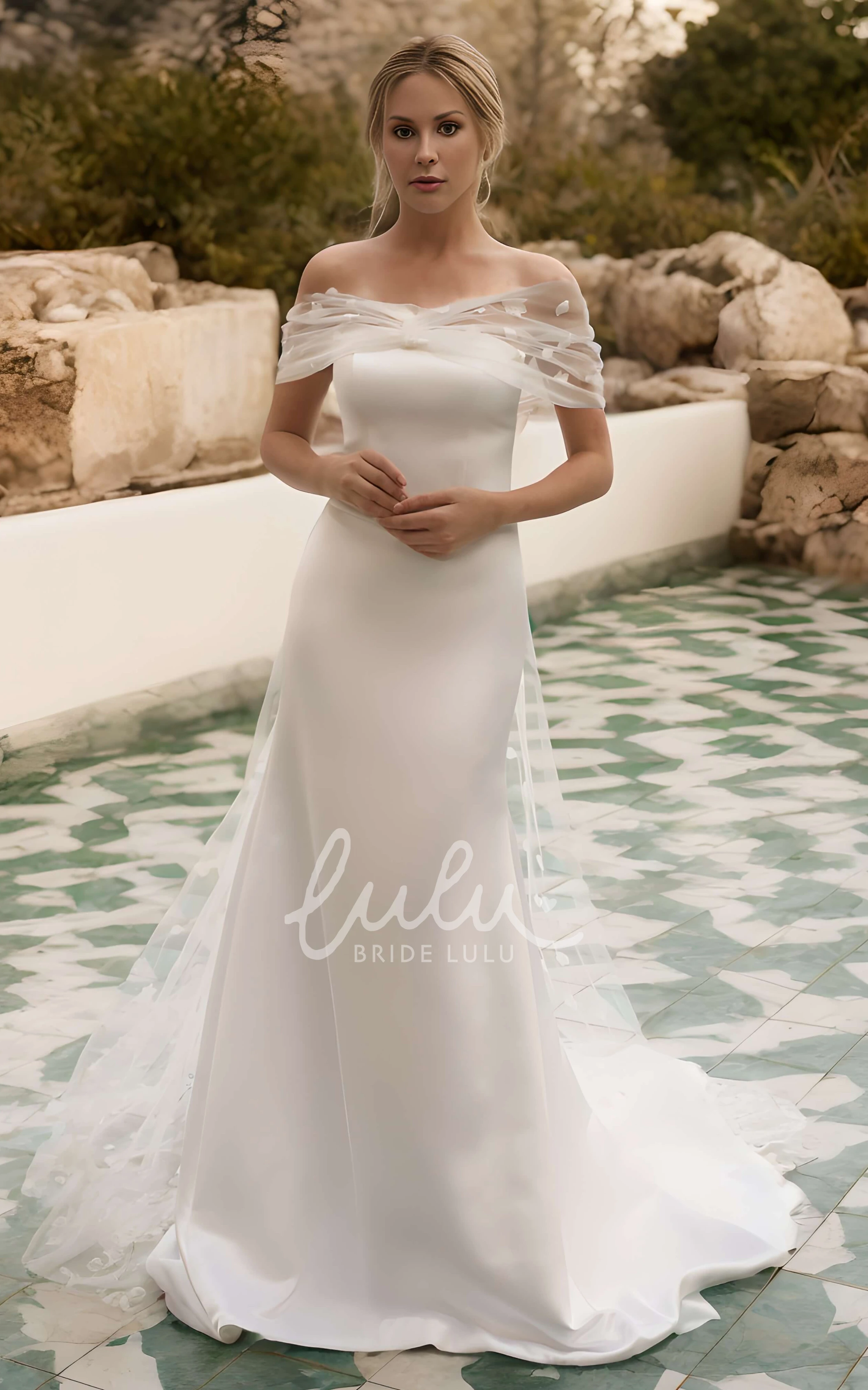 Modern Simple Off-the-Shoulder Trumpet Wedding Dress Solid Elegant Satin Detachable Train Bridal Gown
