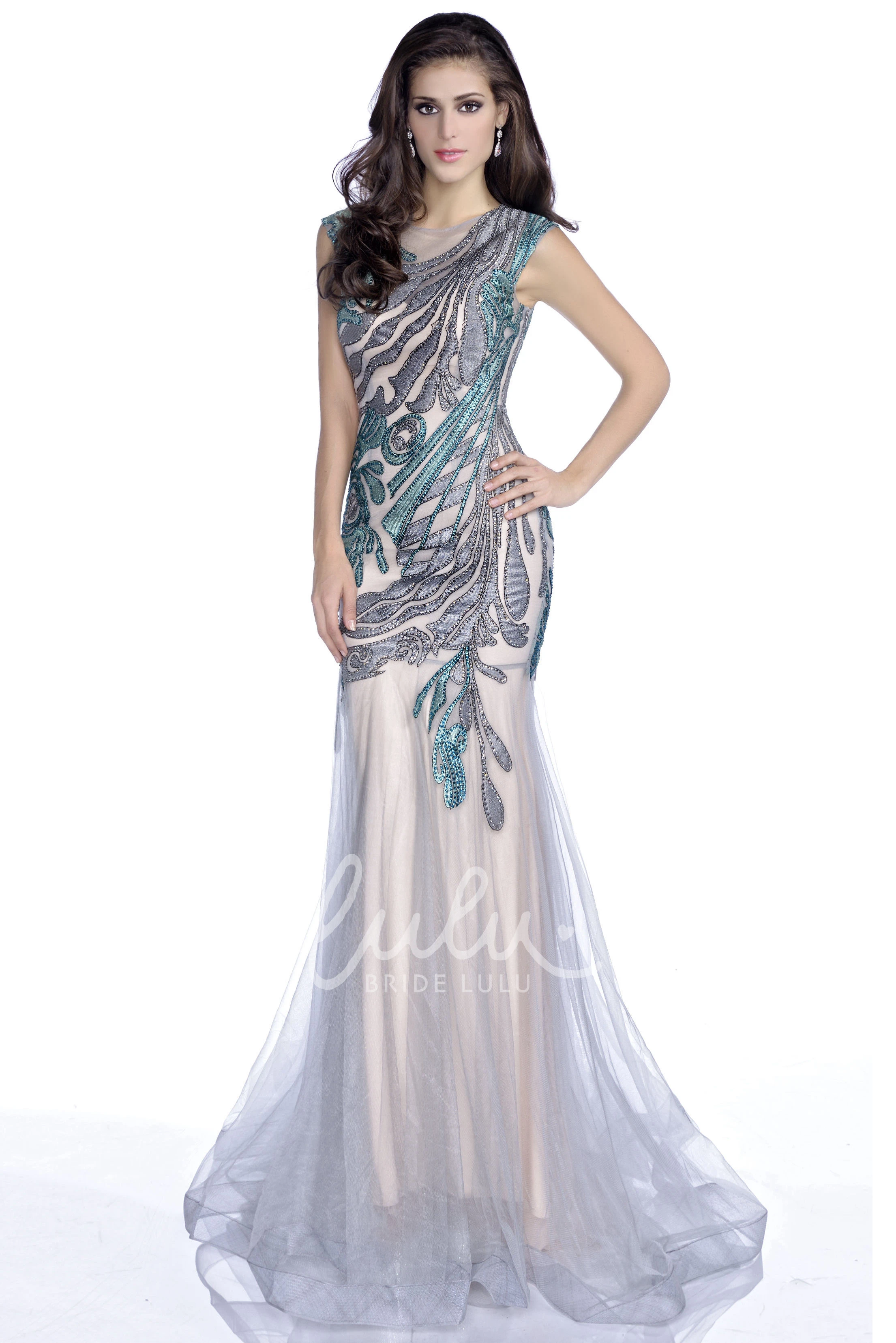 Sequined Bodice Tulle Mermaid Prom Dress with Cap Sleeve Modern Women's Dress