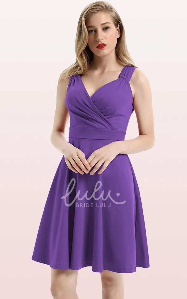 Sleeveless A Line Jersey V-neck Cocktail Dress with Ruffles Casual Prom Dress