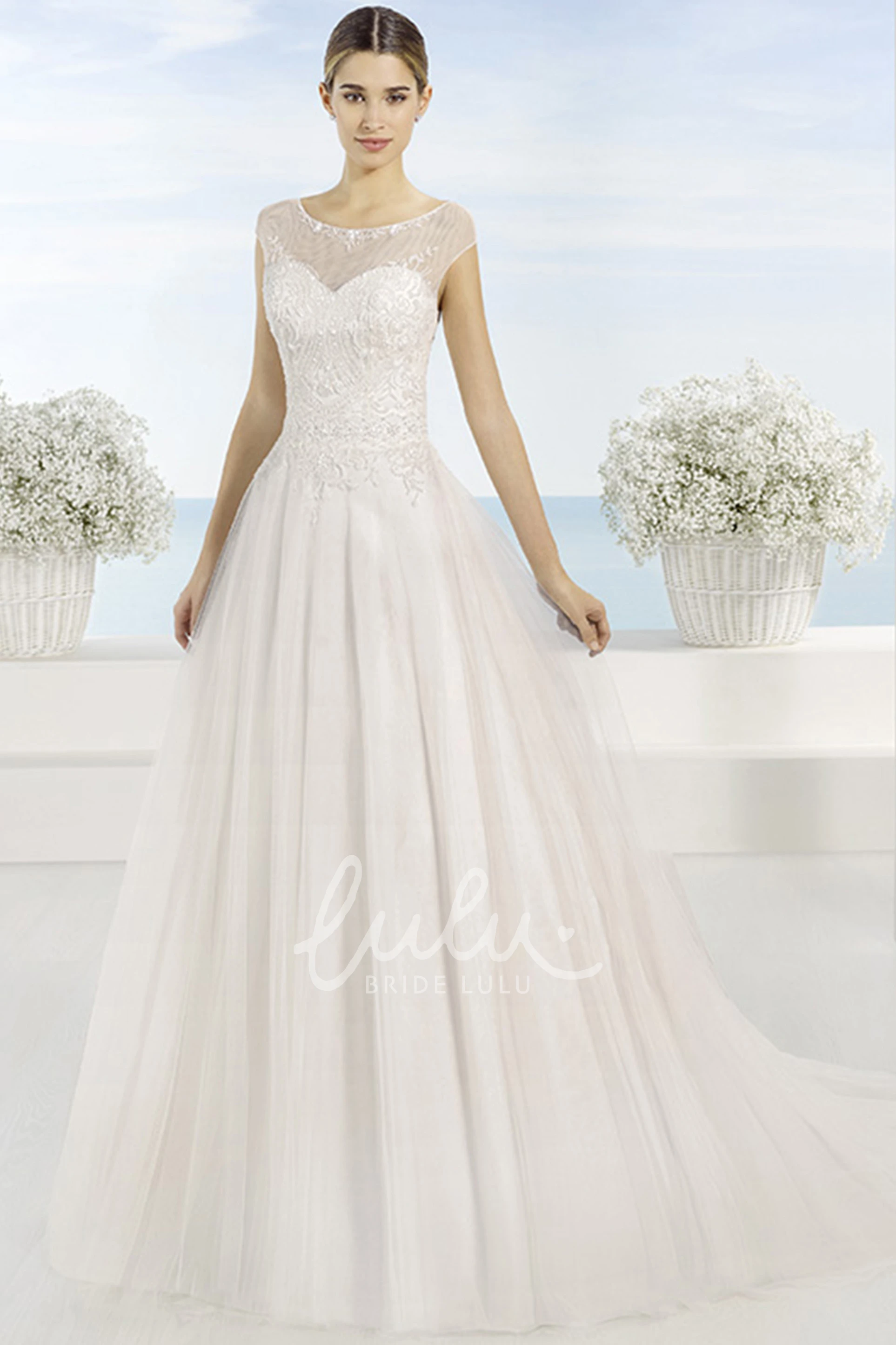 Appliqued One-Shoulder Tulle Wedding Dress Long & Flowy
