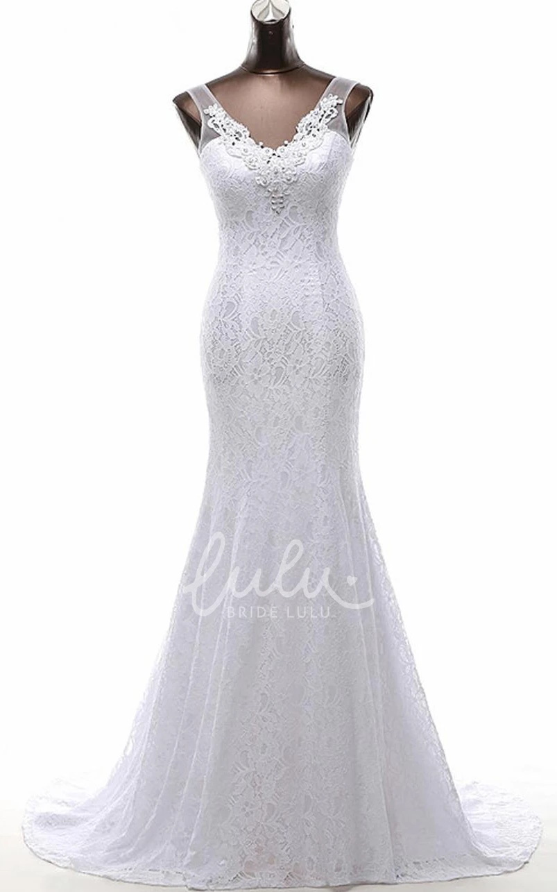 V-Neck Sleeveless Beading Appliques Lace Wedding Dress Tea-Length Trumpet Sweep Train Backless
