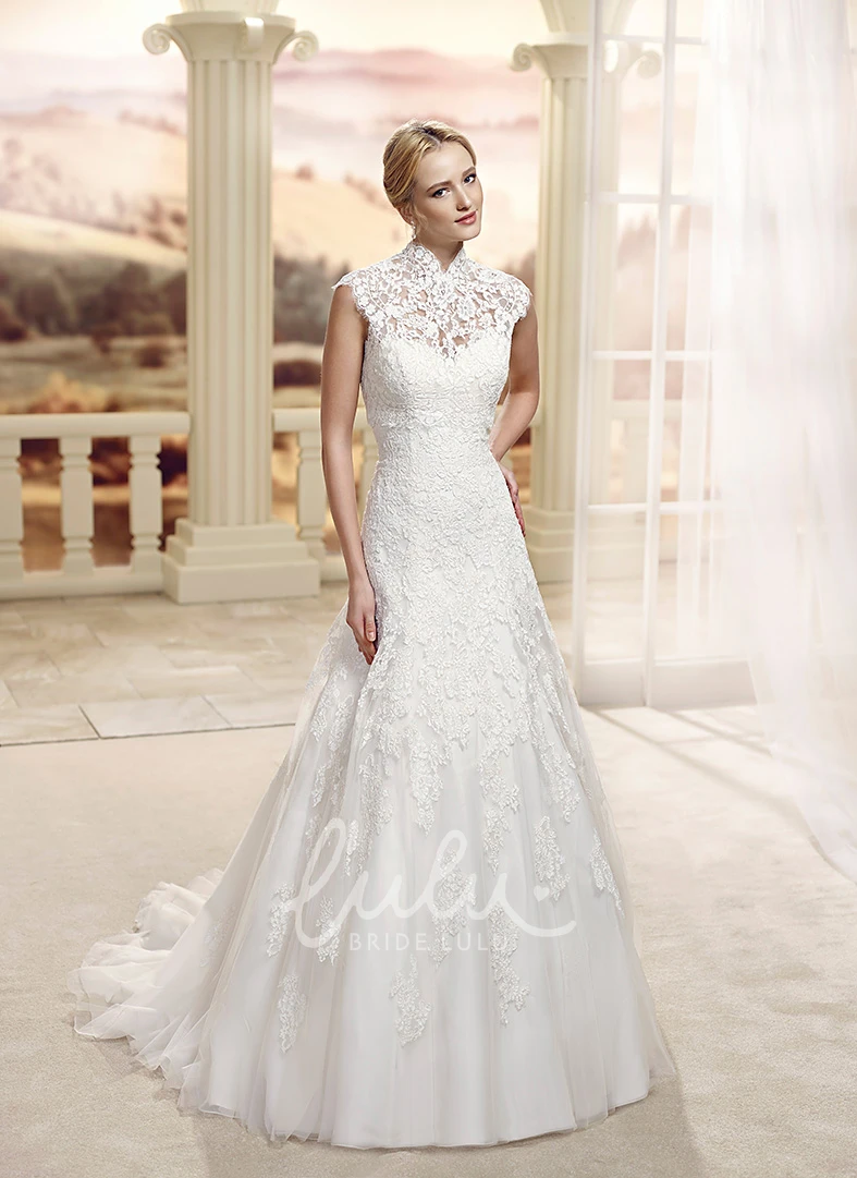 A-Line High-Neck Appliqued Lace Floor-Length Wedding Dress