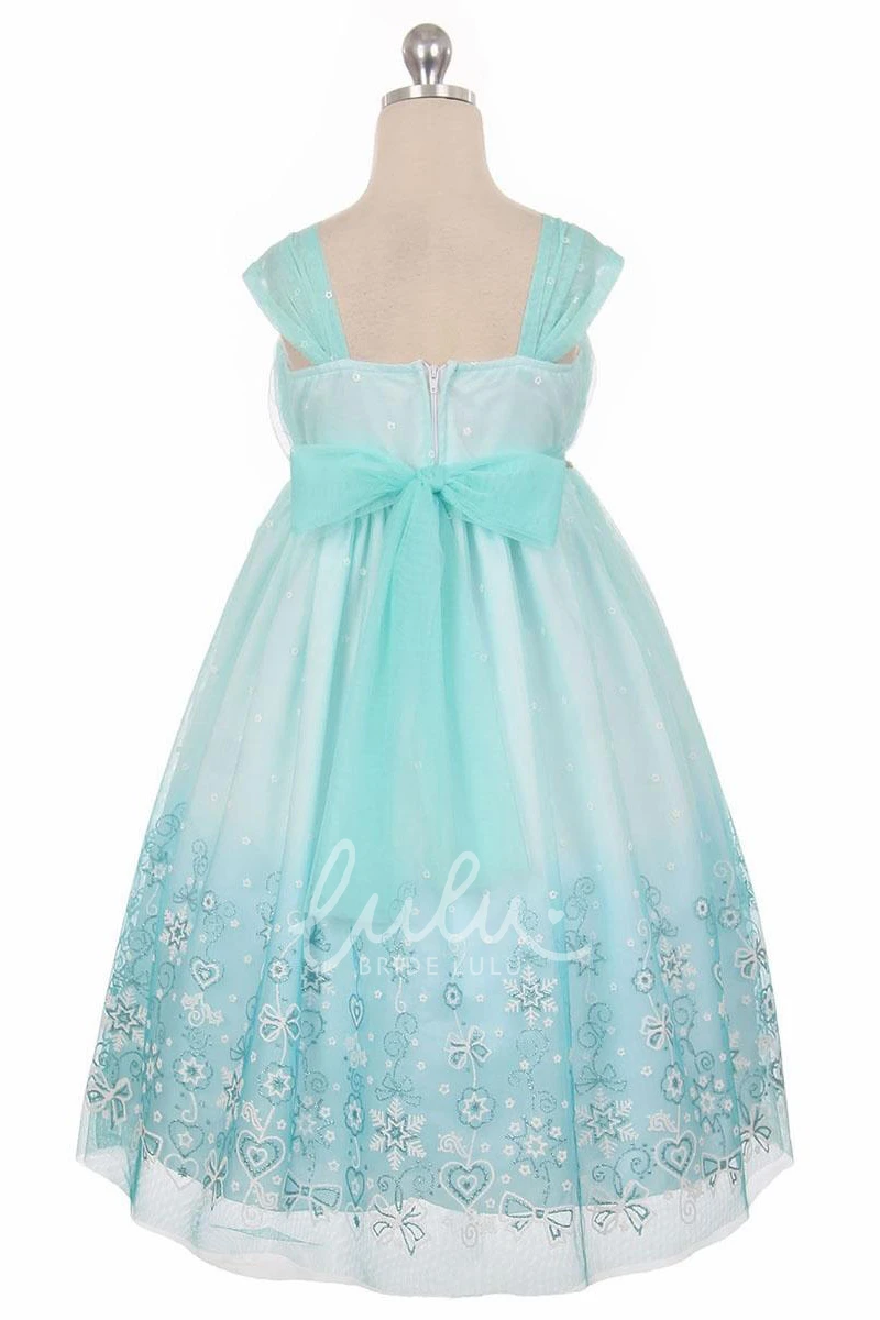 Floral Beaded Pleated Tulle&Satin Flower Girl Dress With Tiers Tea-Length Bridesmaid Dress