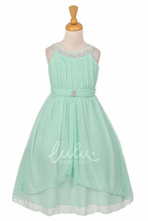 Tiered Pleated Chiffon&Tulle Flower Girl Dress Tea-Length Peplum with Sash