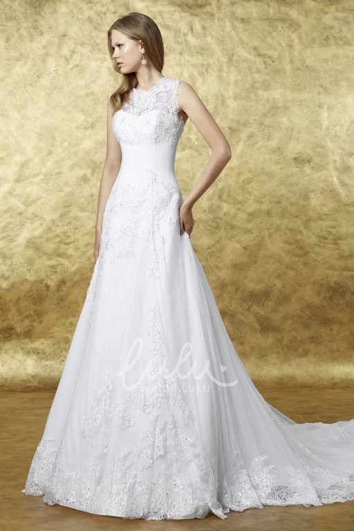 Lace A-Line Wedding Dress with Keyhole Back and Court Train Sleeveless Scoop Neck