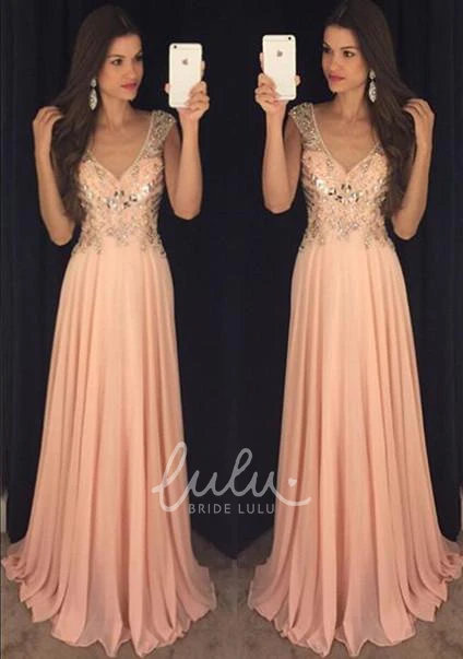 Chiffon A-line V-neck Prom Dress with Crystals and Cap Sleeves Newest Evening Gown