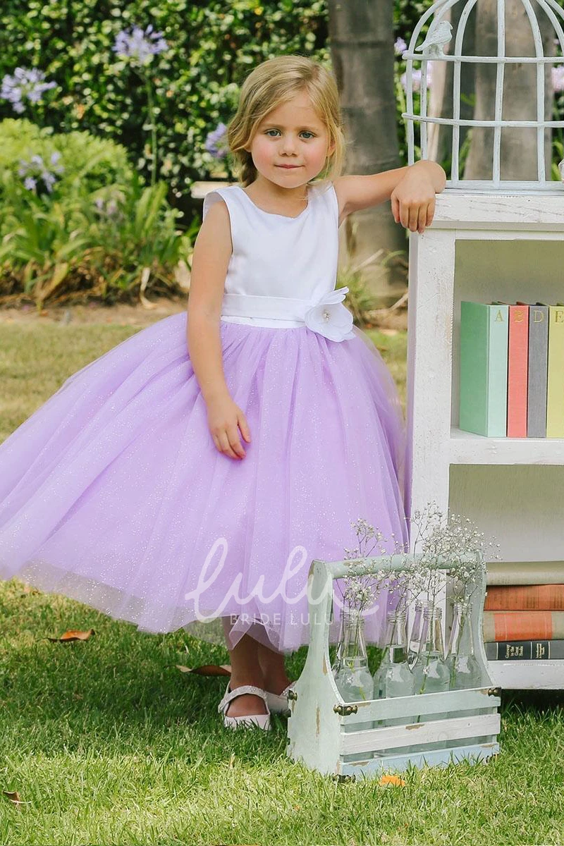 Embroidered Floral Tulle Flower Girl Dress Tea-Length