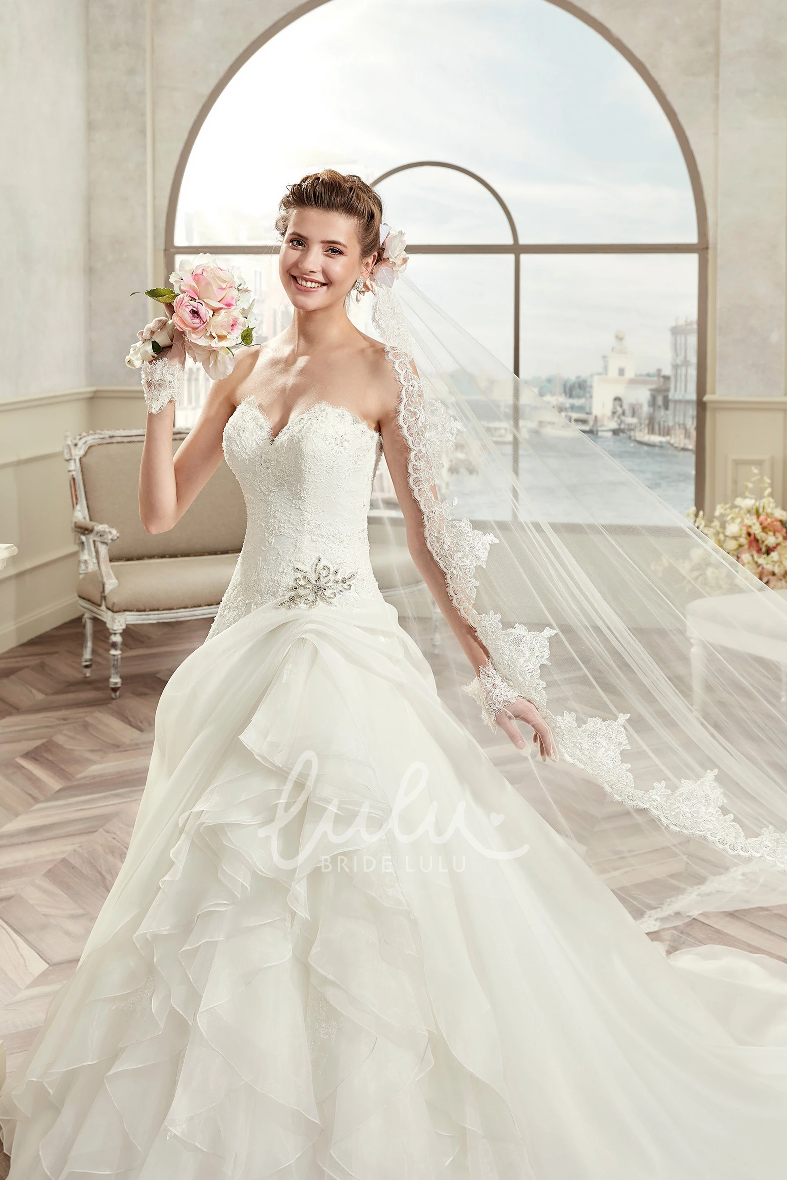 A-Line Lace Ruching Wedding Dress with Beaded Details Flowy and Chic