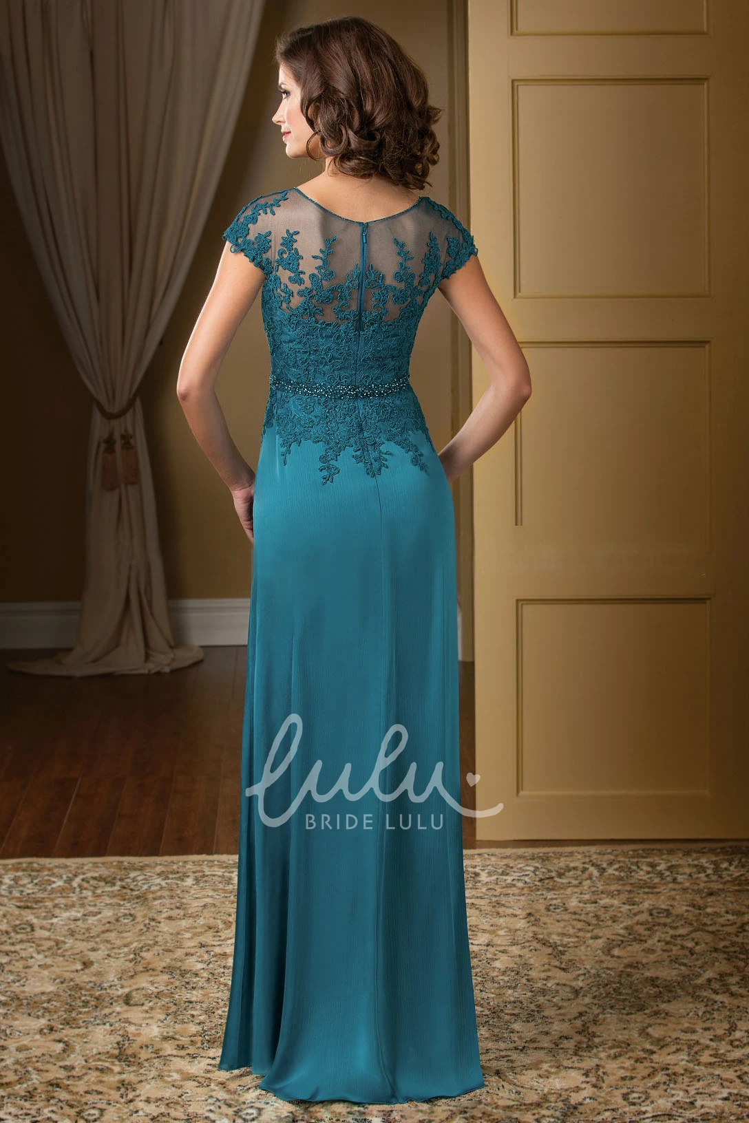 V-Neck Long Gown with Ruffles Crystals and Cap Sleeves