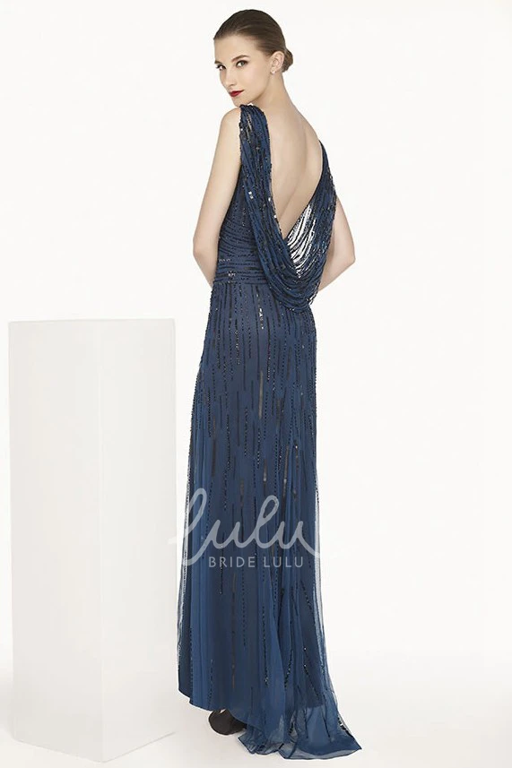 Cowl Open Back Tulle Sequin Prom Dress with Bateau Neckline Long