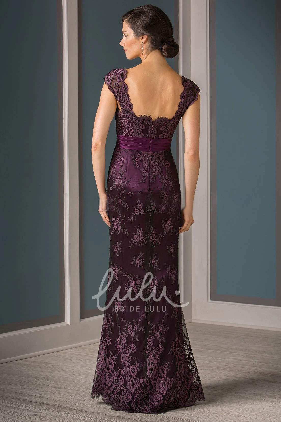 Appliqued Square Back Mother Of The Bride Dress with Cap Sleeves