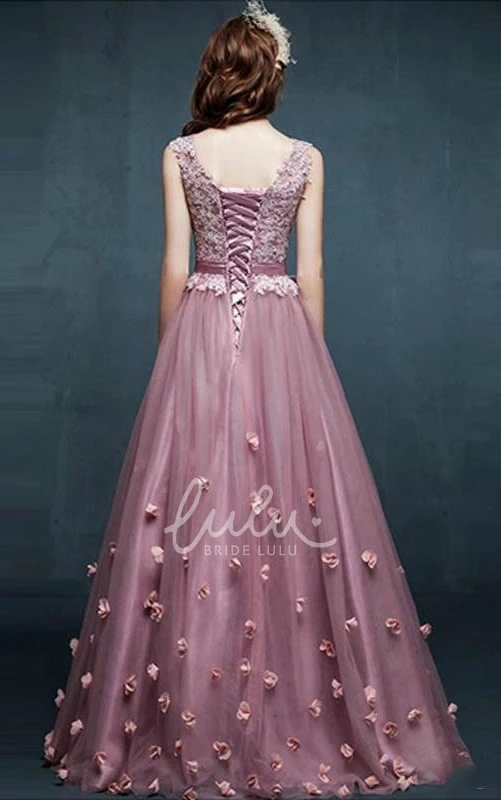 A-line V-neck Tulle Dress with Appliques Flowers Elegant Bridesmaid Dress