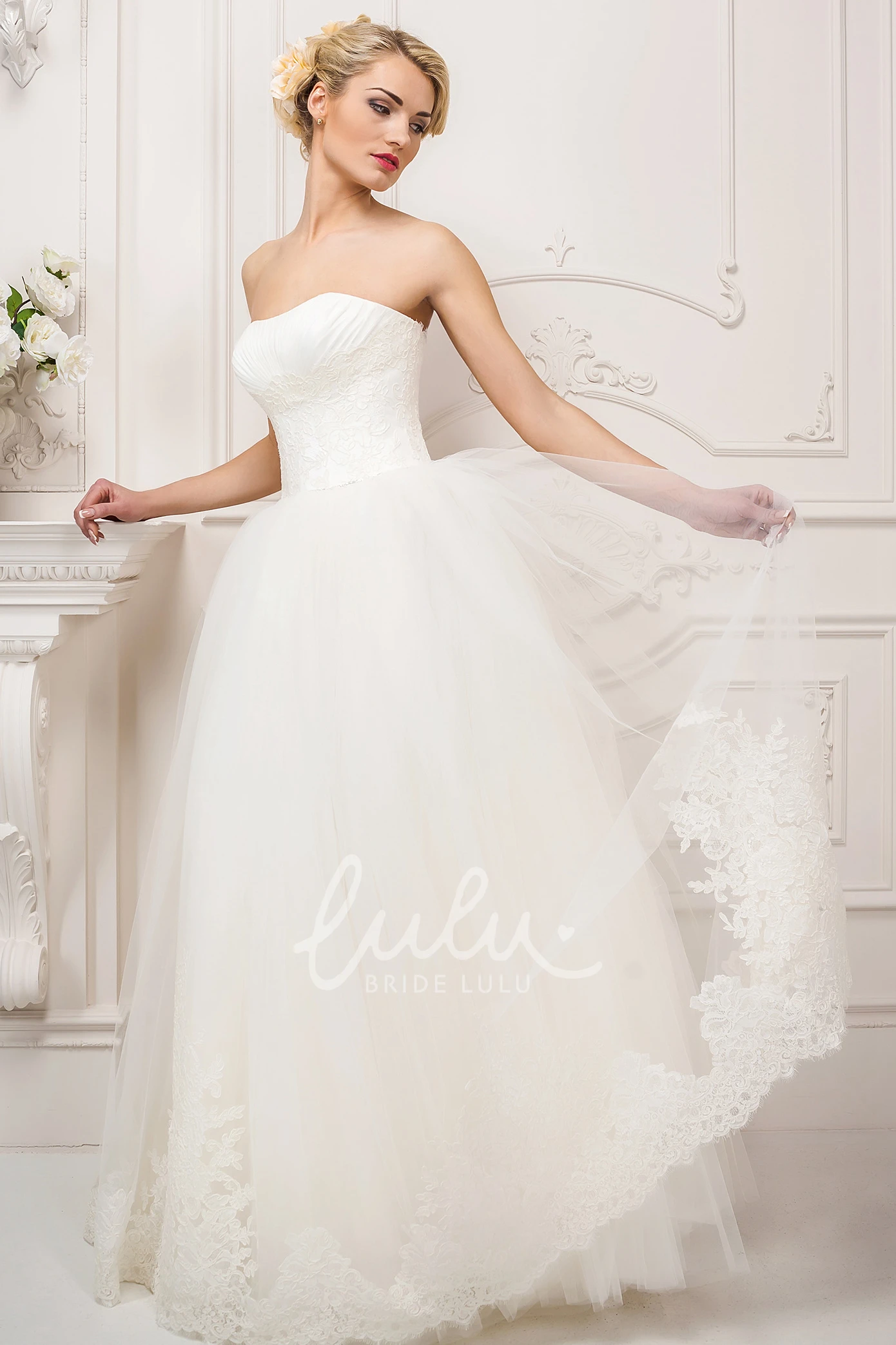 Ruched A-Line Tulle Wedding Dress with Strapless Neckline and Appliques