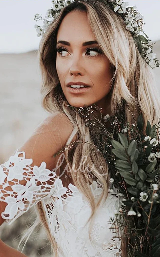 Boho Lace Off-shoulder Short Sleeve Wedding Dress Country Style