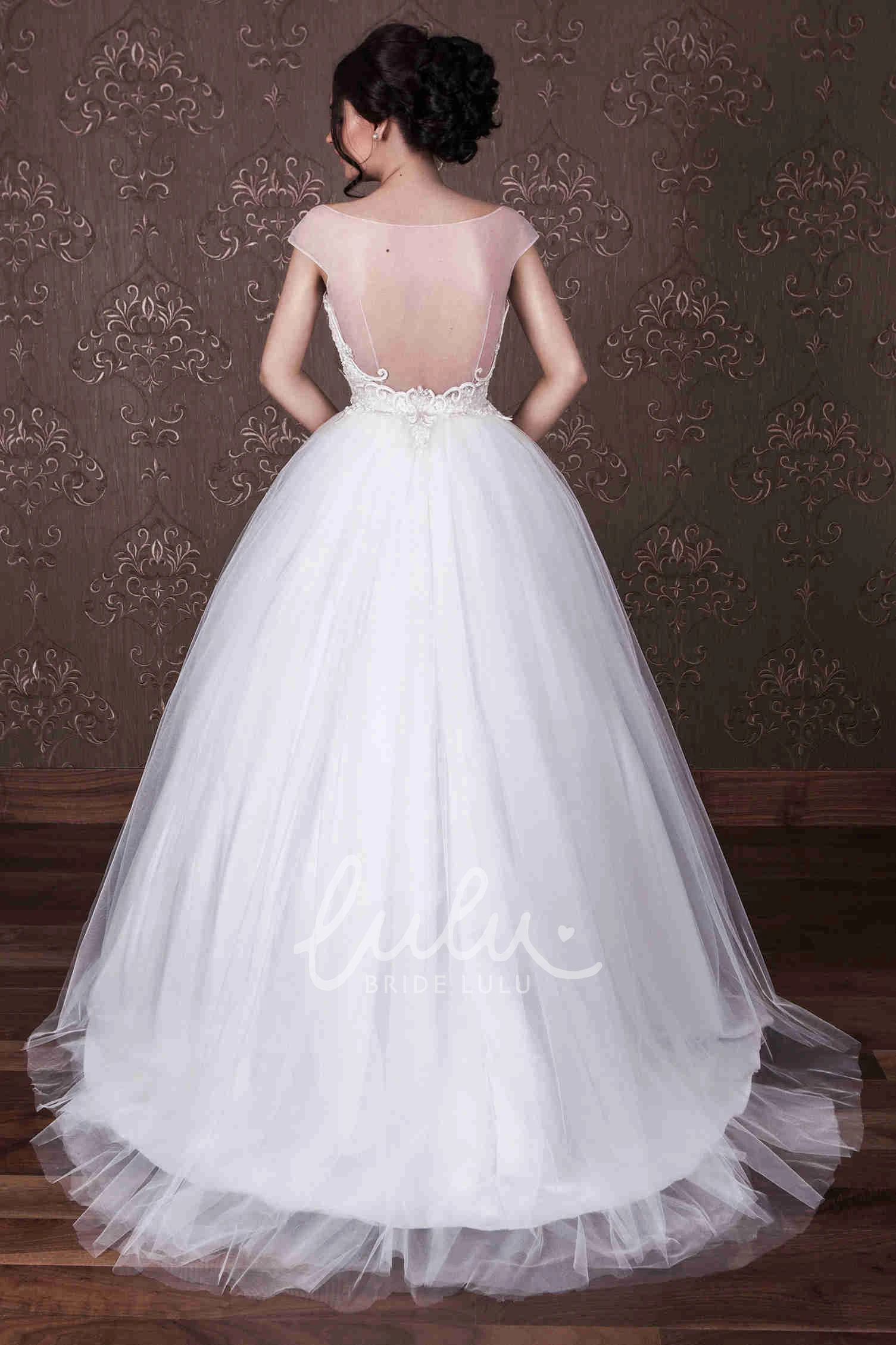 Ball Gown Tulle Wedding Dress With Embroidery Scoop-Neck Cap-Sleeve Beaded Unique