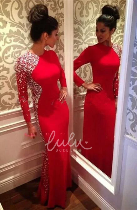 Red Jewel Embellished Long Sleeve Mermaid Evening Dress