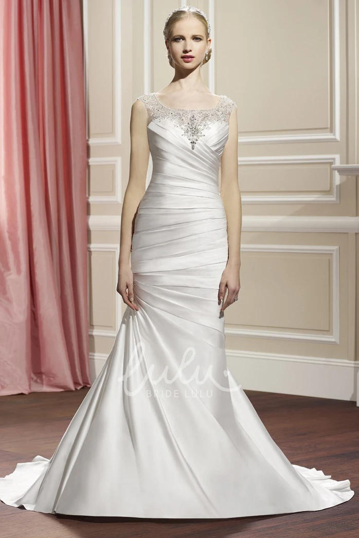 Satin Sheath Sleeveless Wedding Dress with Side Draping and Illusion Back