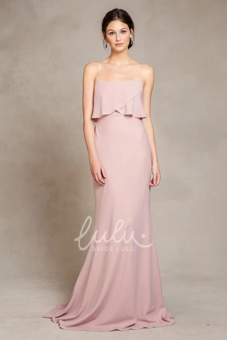Spaghetti Chiffon Bridesmaid Dress with Brush Train Floor-Length Sleeveless