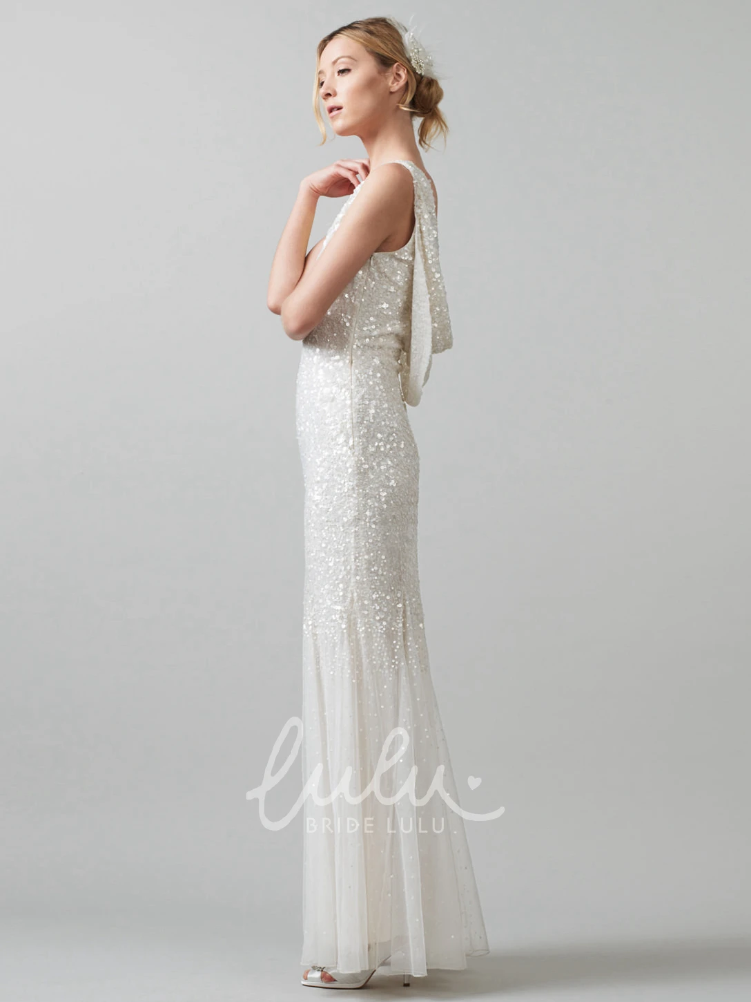Sequin Sheath Wedding Dress with V-Neck and Low-V Back Floor-Length
