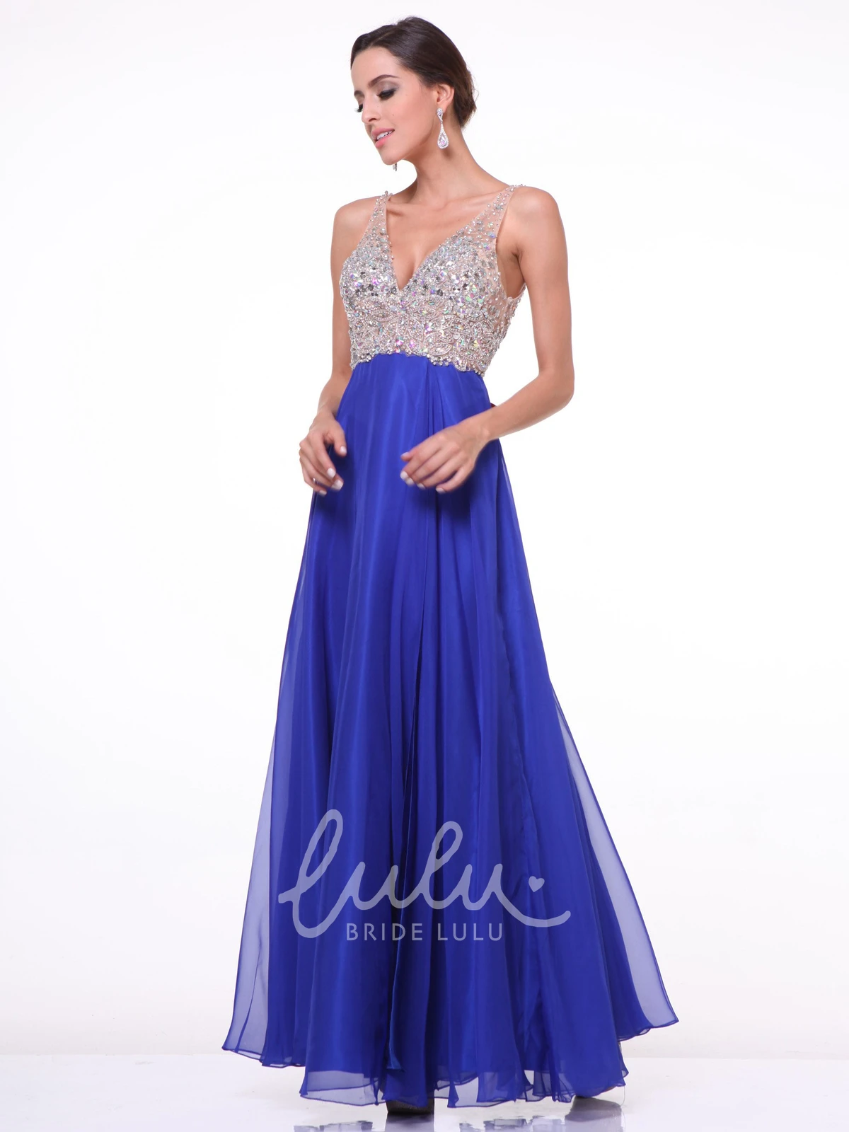 V-Neck Beaded Empire Sleeveless Bridesmaid Dress with Deep-V Back