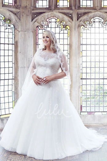Plus Size Tulle Wedding Dress with Appliques Ball Gown Style with Scoop-Neck and Brush Train