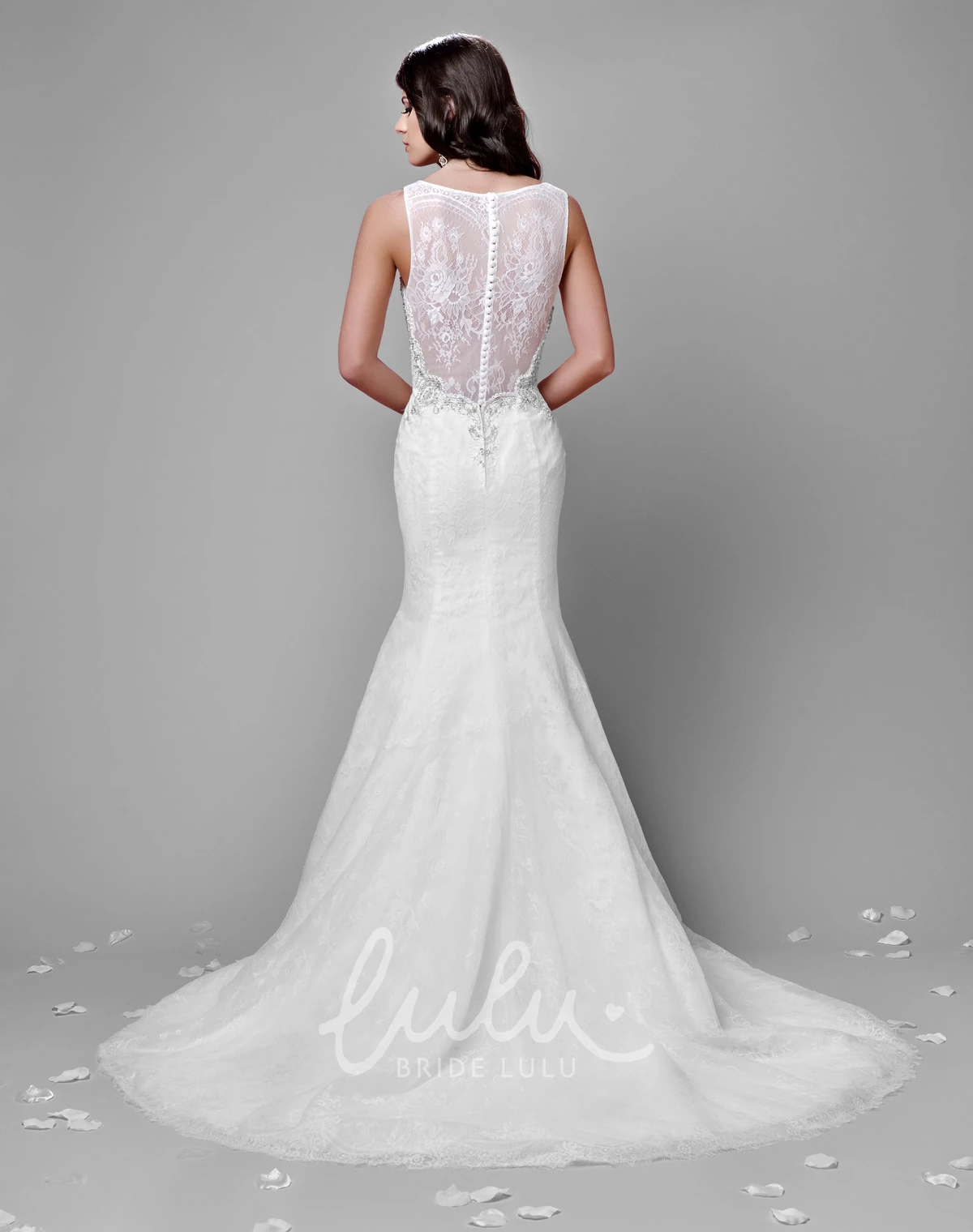 Long Sleeve Lace and Chiffon Wedding Dress with Illusion Back Pearls Embellished Bridal Gown