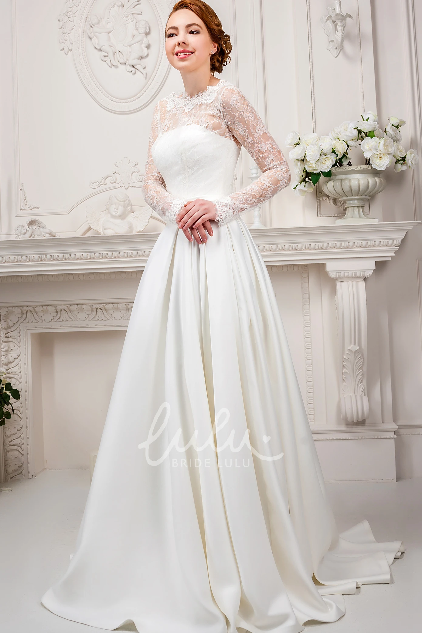 Satin&Lace Long-Sleeve Wedding Dress A-Line High Neck