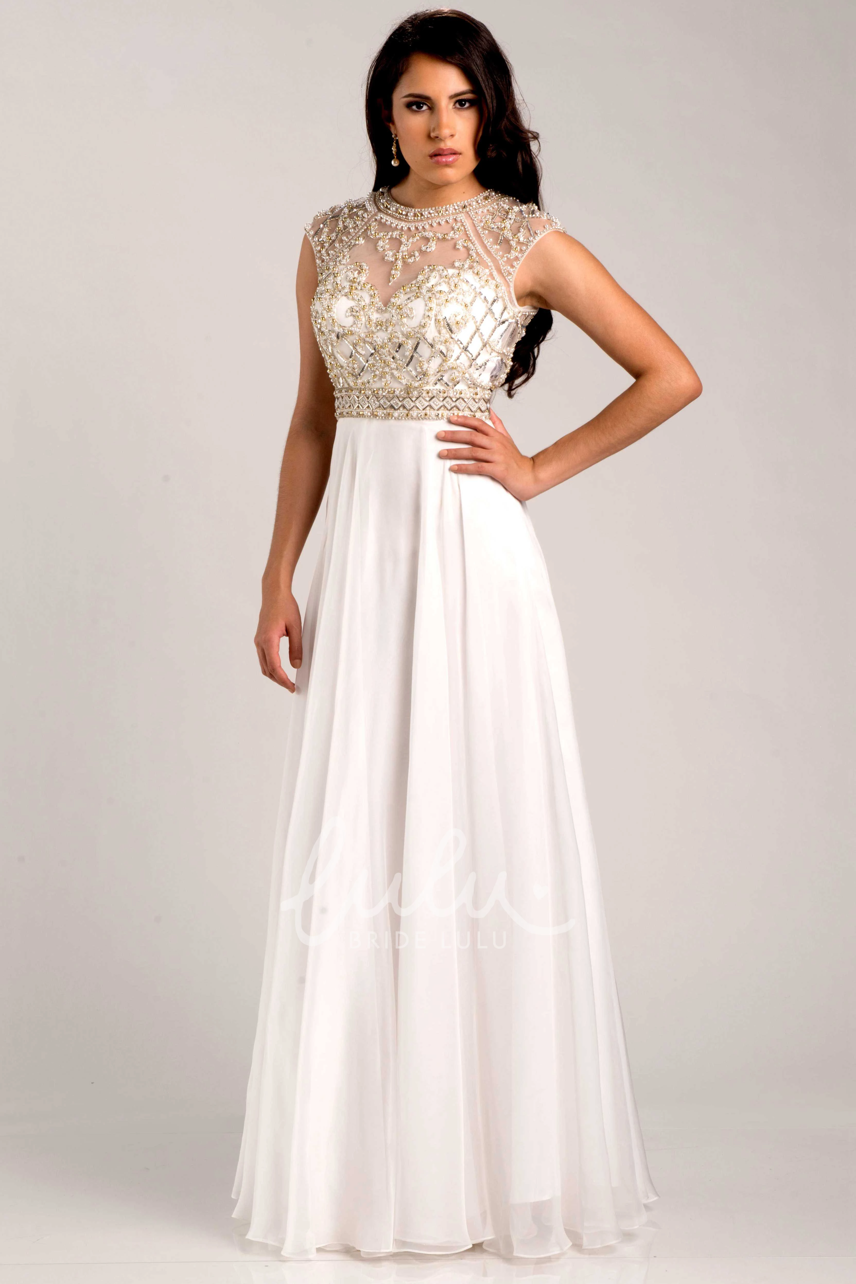 Metallic Bodice A-Line Cap Sleeve Prom Dress in Chiffon Classy Women's Gown