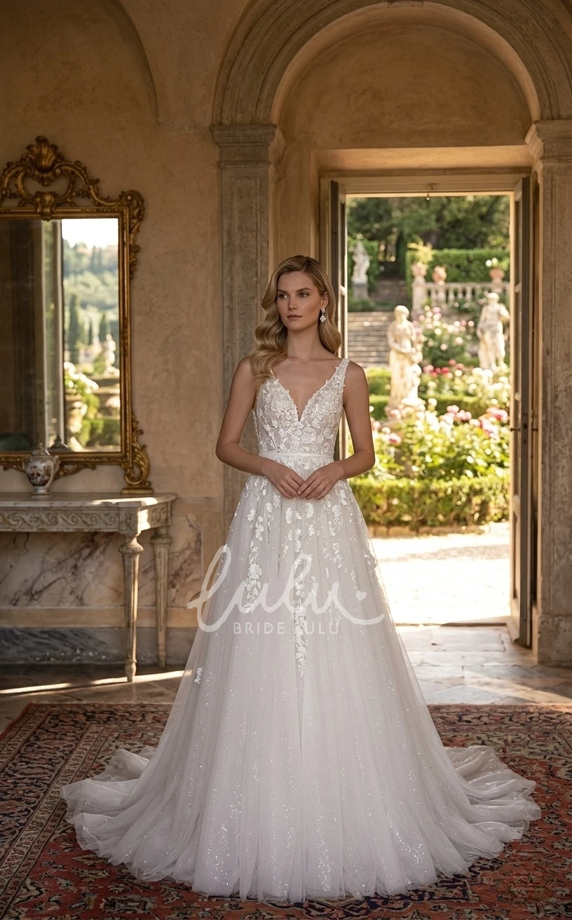 Fairy Elopement A-Line Sleeveless Lace 3D Flowers Glitter Spring Wedding Dress Garden Elegant V-Neck Chapel Train Tulle Bridal Gown