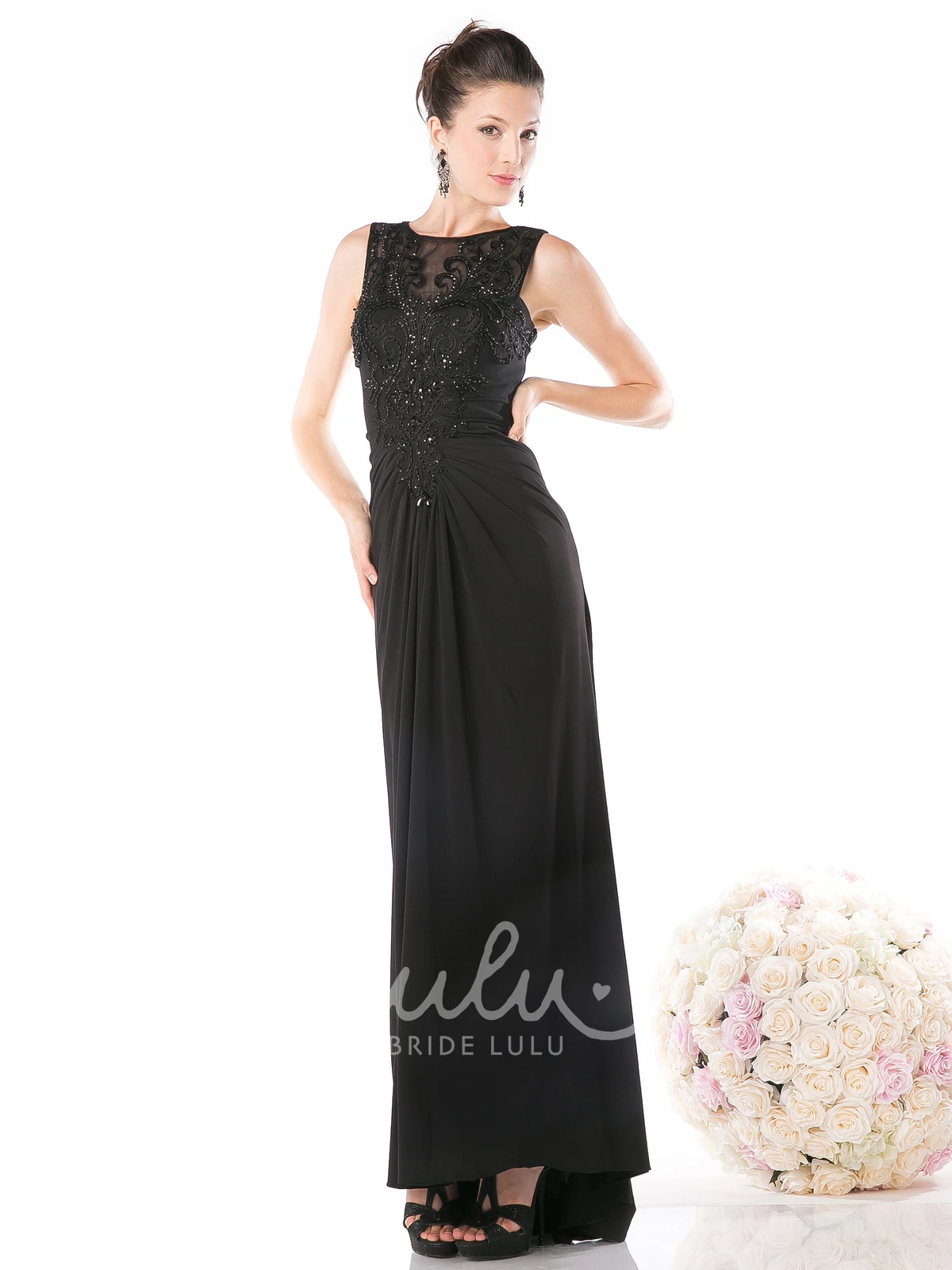 Chiffon Illusion Sheath Bridesmaid Dress with Beading and Ruching Long Scoop-Neck Sleeveless