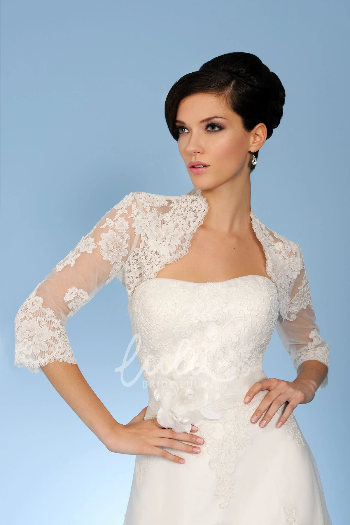 Caped Lace Wedding Dress with Appliques and Flower A-Line Strapless 3-4-Sleeve