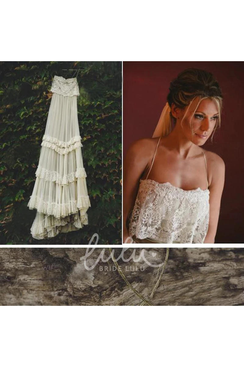 Spaghetti Straps Ethereal Destination Wedding Dress with Cross Back and Tiered Court Train