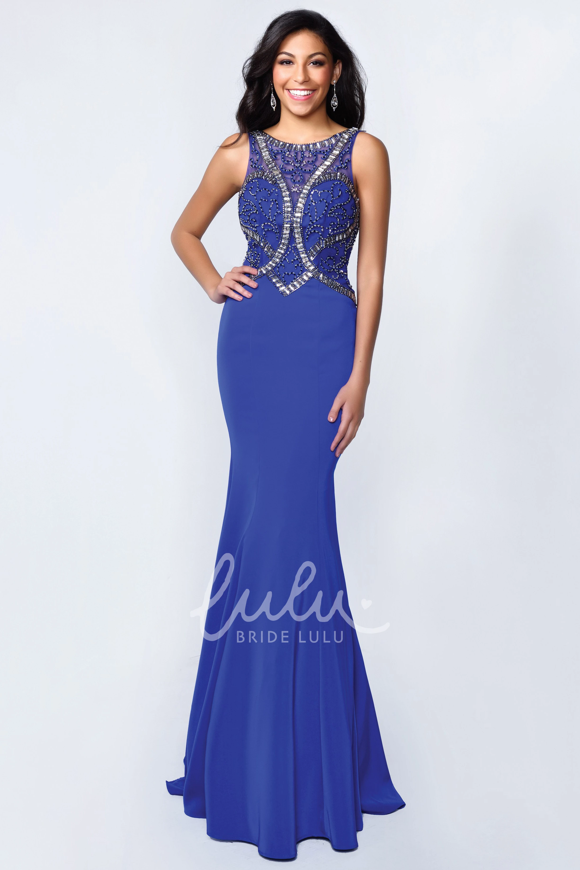 Sleeveless Jersey Sheath Dress with Deep-V Back and Beading