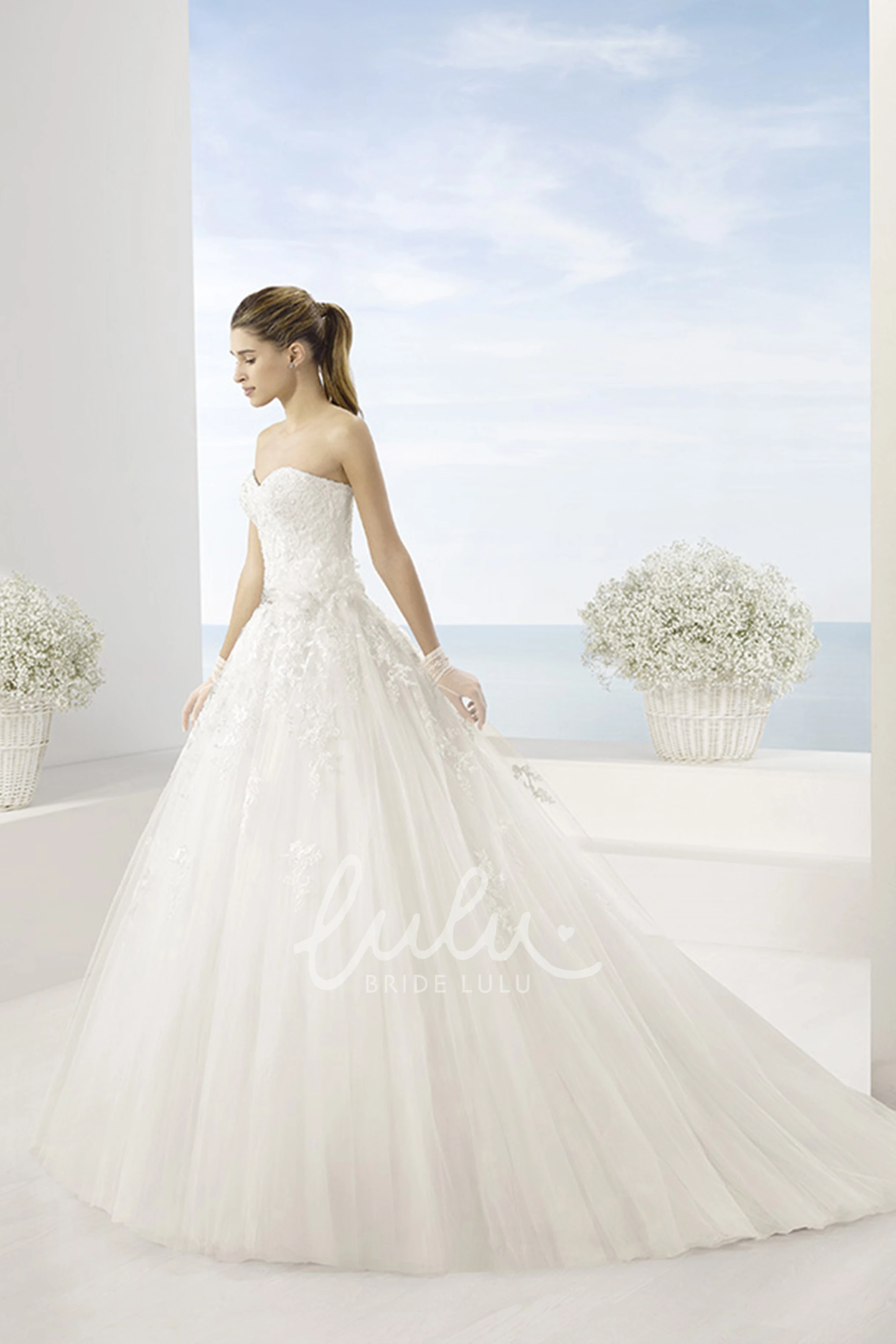 Jeweled Sweetheart Tulle Wedding Dress with Chapel Train Ball Gown Style
