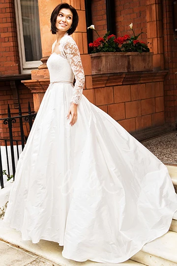 Illusion Long-Sleeve Taffeta Wedding Dress with Lace A-Line Bridal Gown