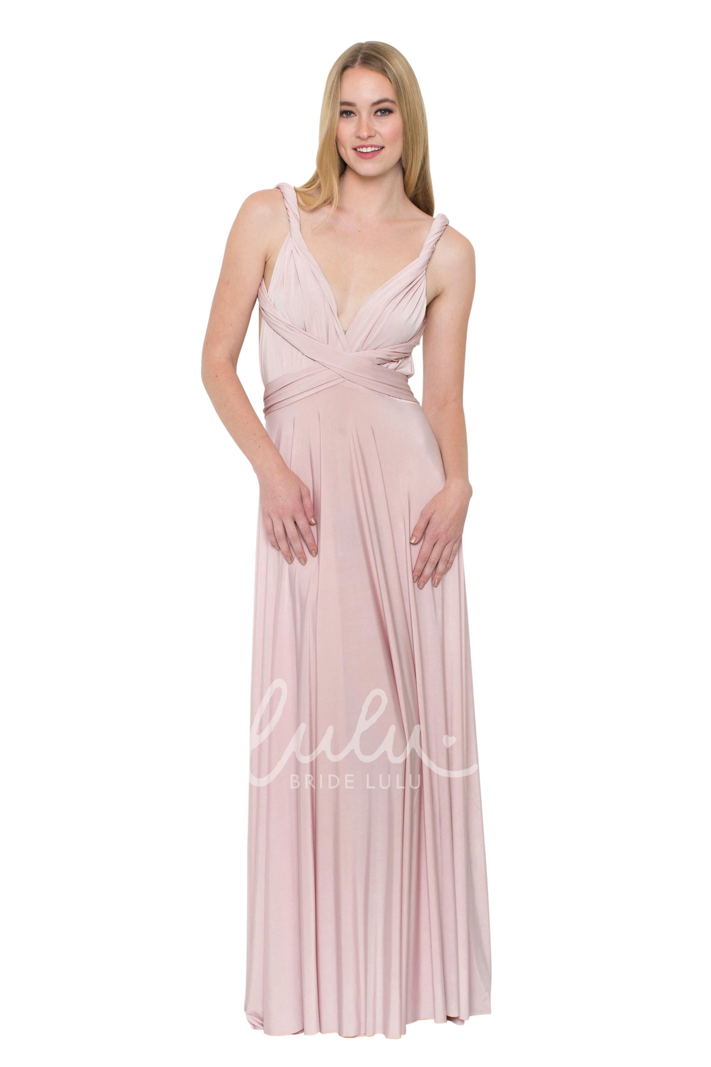 V-Neck Ruched Chiffon Bridesmaid Dress Floor-Length Sleeveless Convertible Multi-Color