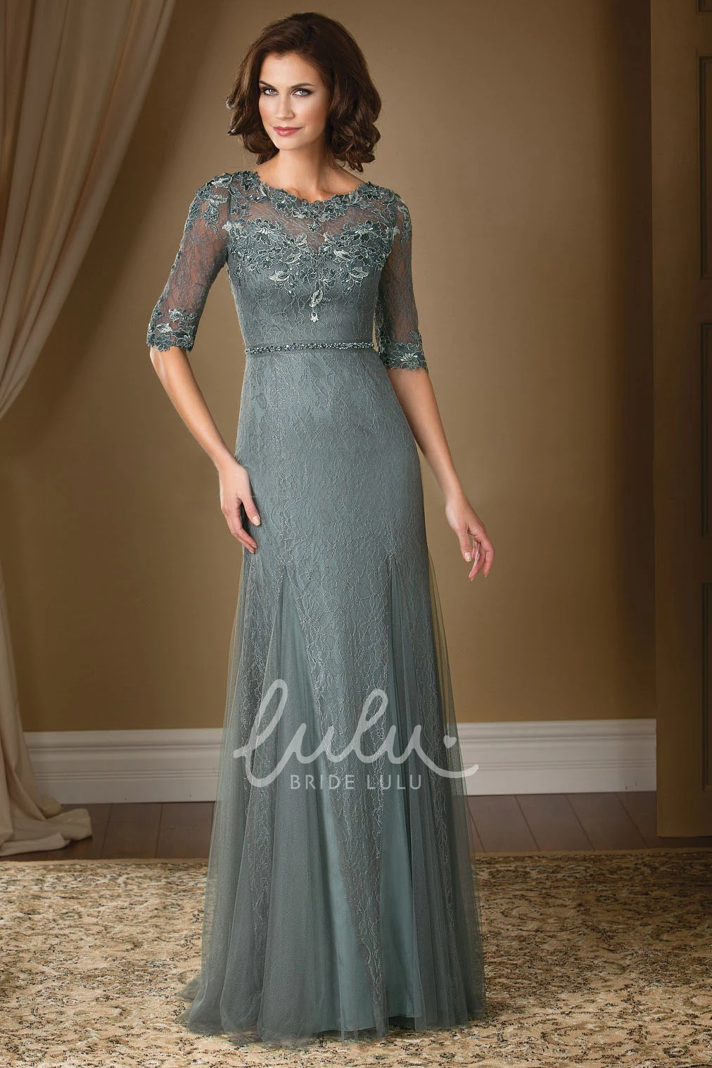 Lace and Illusion Detail MOB Dress with Half Sleeves Classic Mother of the Bride Gown