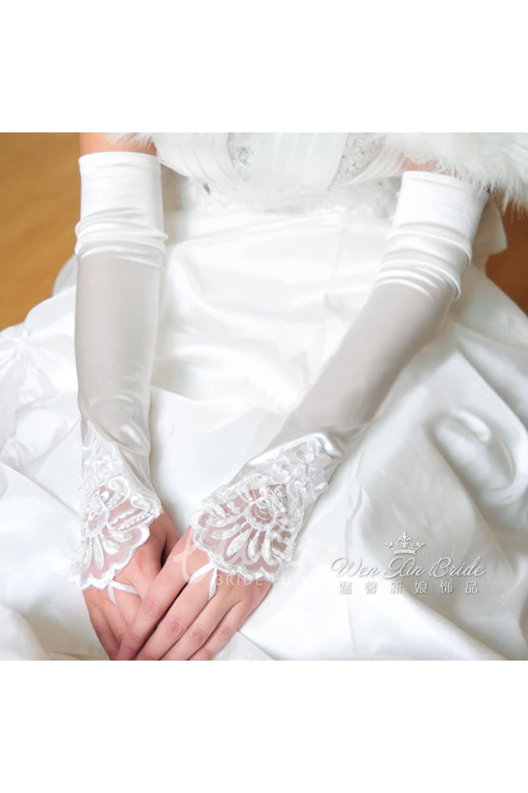 Embroidered Beads Satin Gloves Bridesmaid Dress Accessory