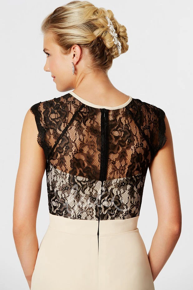 High Neck Chiffon Bridesmaid Dress with Lace Bodice and Illusion Back in Sleeveless Style