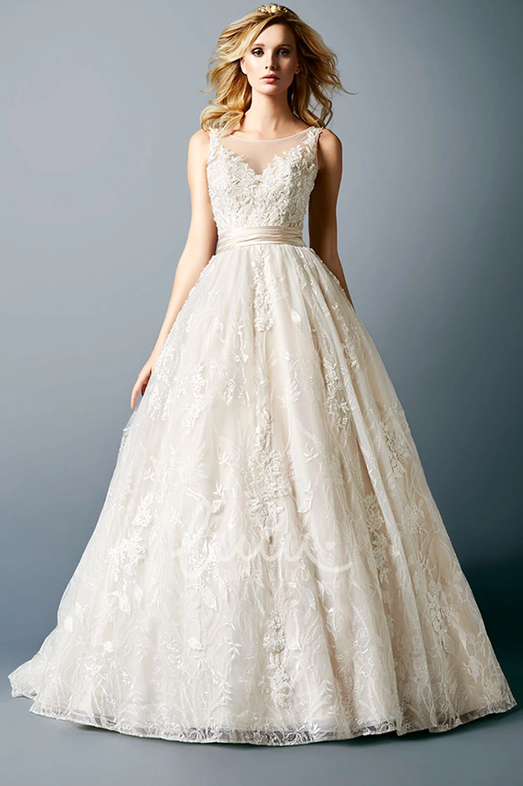 Maxi Scoop Neckline Lace Wedding Dress with Illusion and Chapel Train