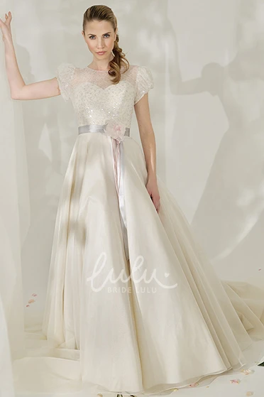 Long Tulle&Satin Spring Wedding Dress with Flower and V Back A-Line High Neck Puff-Sleeve