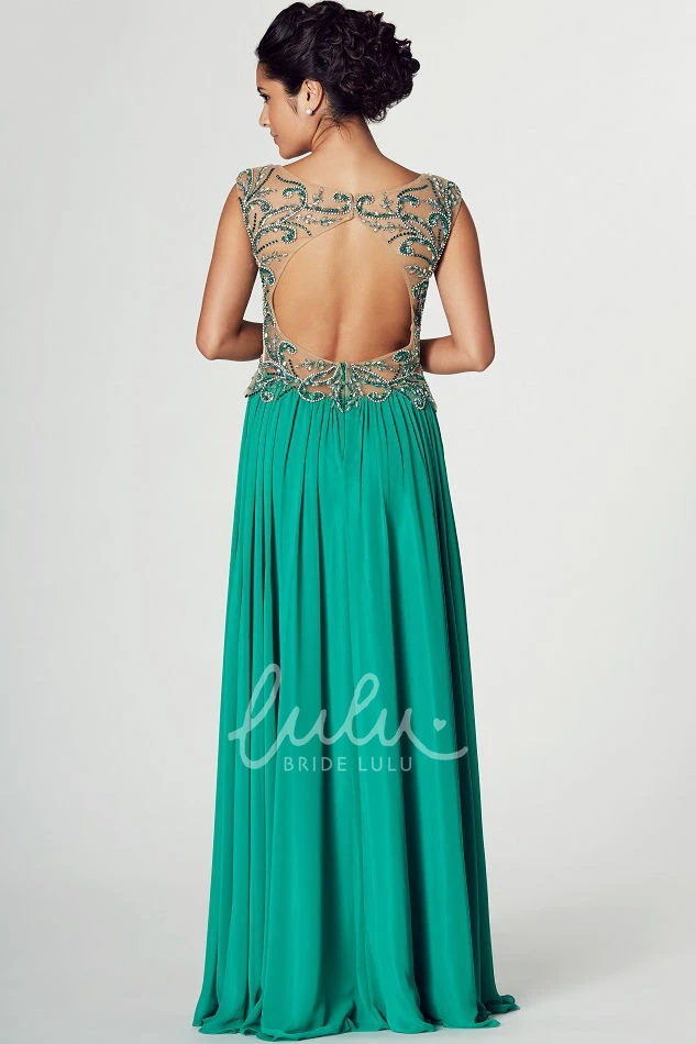 Beaded Chiffon A-Line Prom Dress with Cap Sleeves and Keyhole Back