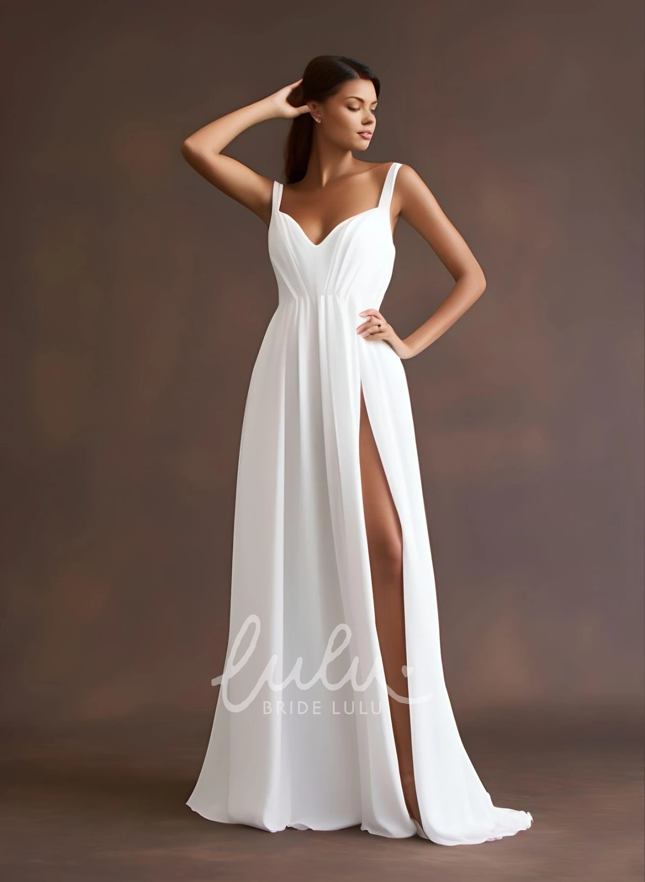 Casual A-Line Chiffon Wedding Dress Split Front Ethereal Modern Floor-length Sleeveless