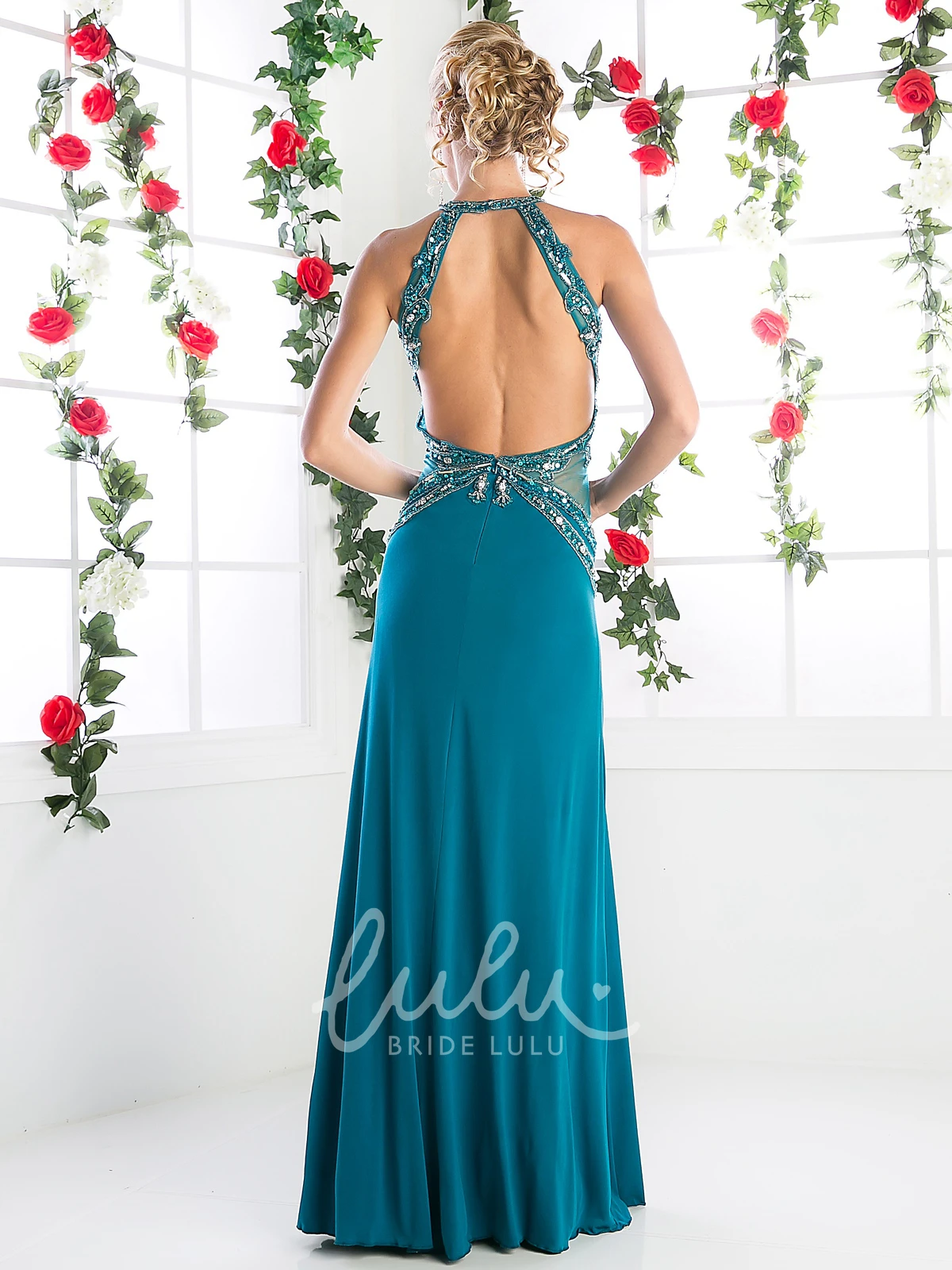 Backless Jewel-Neck Jersey Bridesmaid Dress with Crystal Detailing